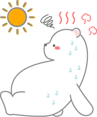 汗をかいてぐったりしている白クマのイラスト（熱中症をイメージ）
