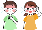 熱中症の症状が出ている子どものイラスト（顔の赤み・大量の汗・ぐったりした表情）