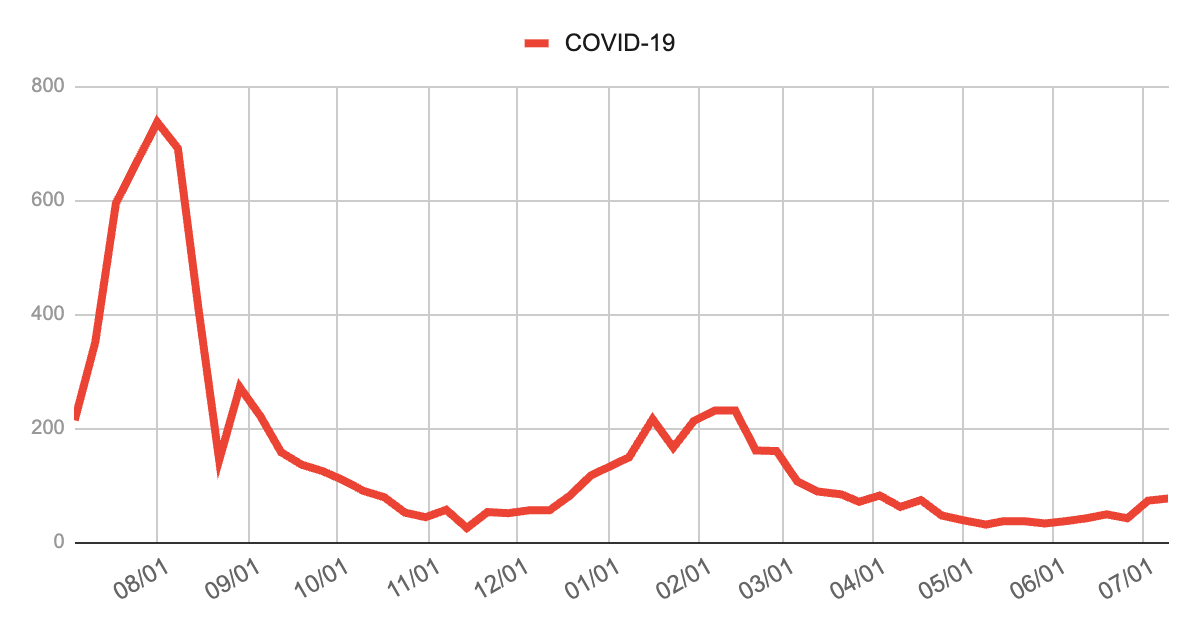 2024年8月に約750件のピークを記録したCOVID-19の年間報告数推移グラフ。秋以降は一時的な増加もありながら全体として減少し、2025年1月から3月にかけて中規模の流行。その後はおおむね低水準で推移していたが、6月以降やや増加し、7月初旬に再び報告数が上昇している。