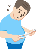 腹囲を測りながら不安そうにお腹を見つめる男性のイラスト