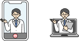 スマートフォンとパソコンで診察するオンライン診療のイメージイラスト