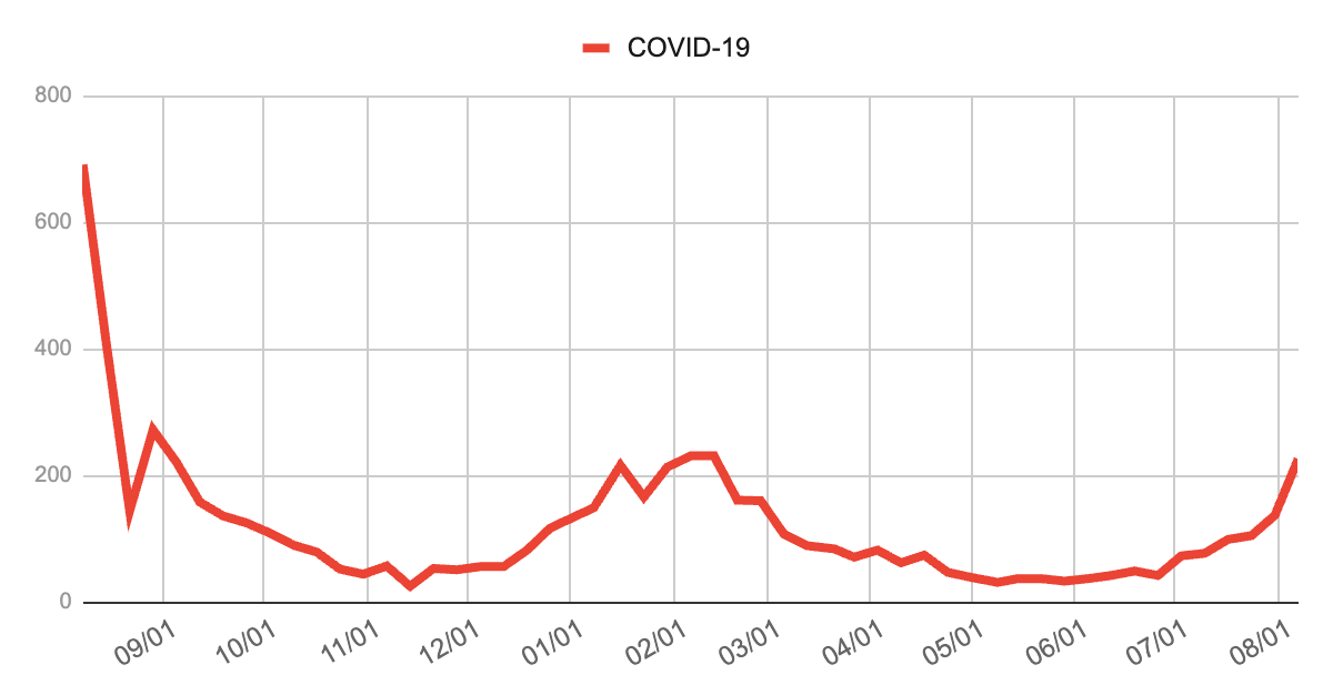 2023年9月から2025年8月までのCOVID-19報告数の推移グラフ。2023年秋の大きな流行以降、報告数は冬季にかけて一時的に増減を繰り返し、2024年春以降は低水準で推移。2025年6月以降は再び増加に転じ、8月時点で明確な上昇傾向を示している。