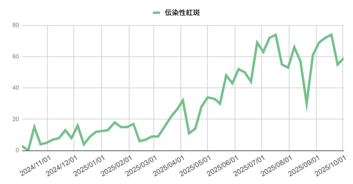 2024年11月から2025年10月までの伝染性紅斑報告数の推移を示す折れ線グラフ。2025年春以降に報告数が増加基調となり、7〜8月にかけて60〜80件前後で推移。9月に一時的な落ち込みがみられるが、その後再び上昇し、10月初旬は60件程度となっている。