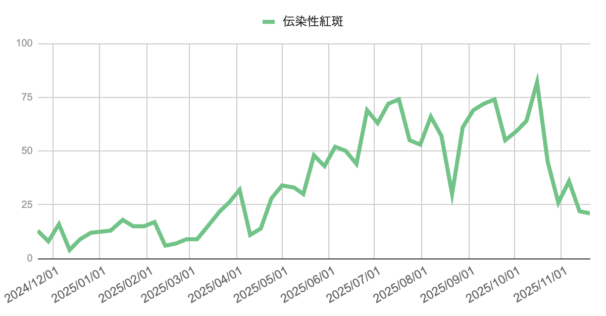 image | 芦屋市の内科・皮膚診療・小児診療 | あしやサニークリニック内科 2024年12月から2025年11月までの伝染性紅斑の報告数を示す折れ線グラフ。2025年6月に80件台半ばのピークがあり、その前後は20〜70件台で変動しながら推移している。秋以降は一時70件台まで増加した後、11月には20〜30件台へと低下している様子が描かれている。