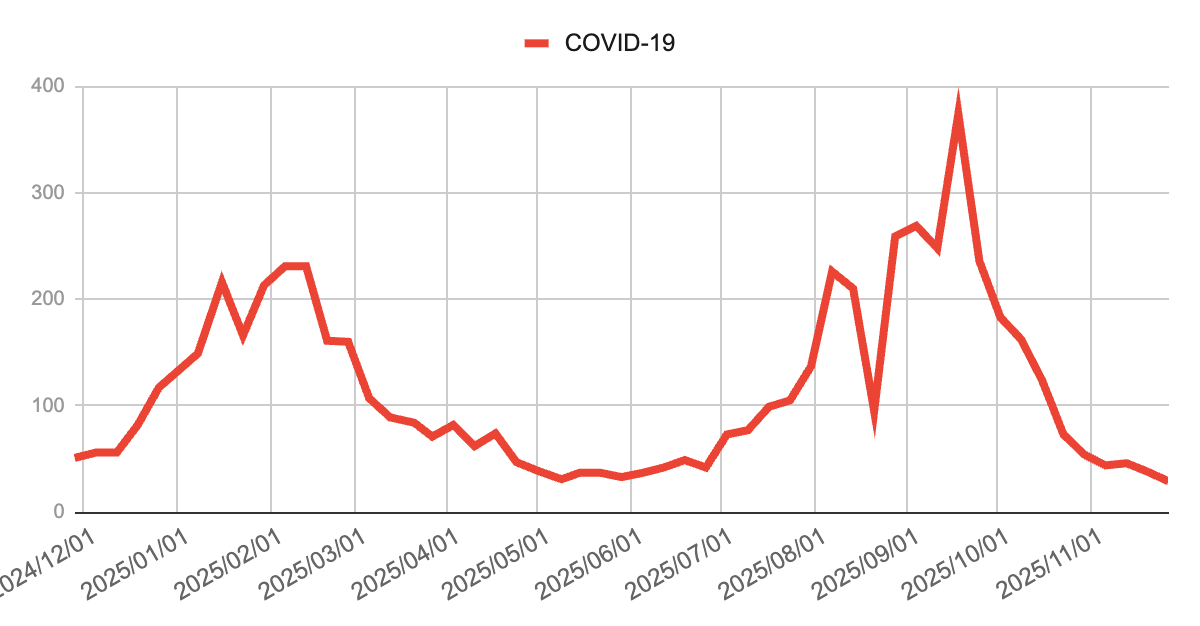 image | 芦屋市の内科・皮膚診療・小児診療 | あしやサニークリニック内科 2024年12月から2025年11月までのCOVID-19報告数を示す折れ線グラフで、年明けの増加後に春から夏へ向けて減少し、秋に再度上昇した後、11月にかけて低下している様子が描かれている。