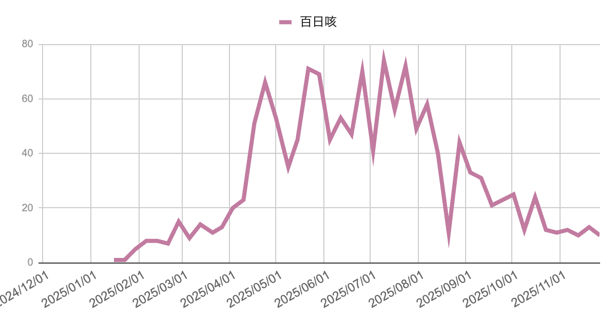 image | 芦屋市の内科・皮膚診療・小児診療 | あしやサニークリニック内科 2024年12月から2025年11月までの百日咳の報告数を示す折れ線グラフで、春から夏にかけて増加し、6月以降は60〜80件台の変動を経て、秋以降に減少しながら11月は10件前後で推移している様子が描かれている。