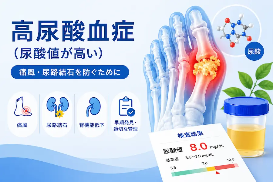 hyperuricemia-hero | 芦屋市の内科・皮膚診療・小児診療 | あしやサニークリニック内科 高尿酸血症を説明する医療イメージ。足の骨と赤く腫れた関節、尿酸値の検査結果サンプルと薬瓶を示す图。痛風と尿路結石予防の情報ビジュアル。